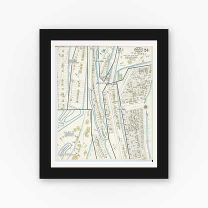 Old map wall art mockup — black gallery frame with white mat — Sanborn Fire Insurance Map from Monroe, Monroe County, Michigan (1916), Sheet #0024