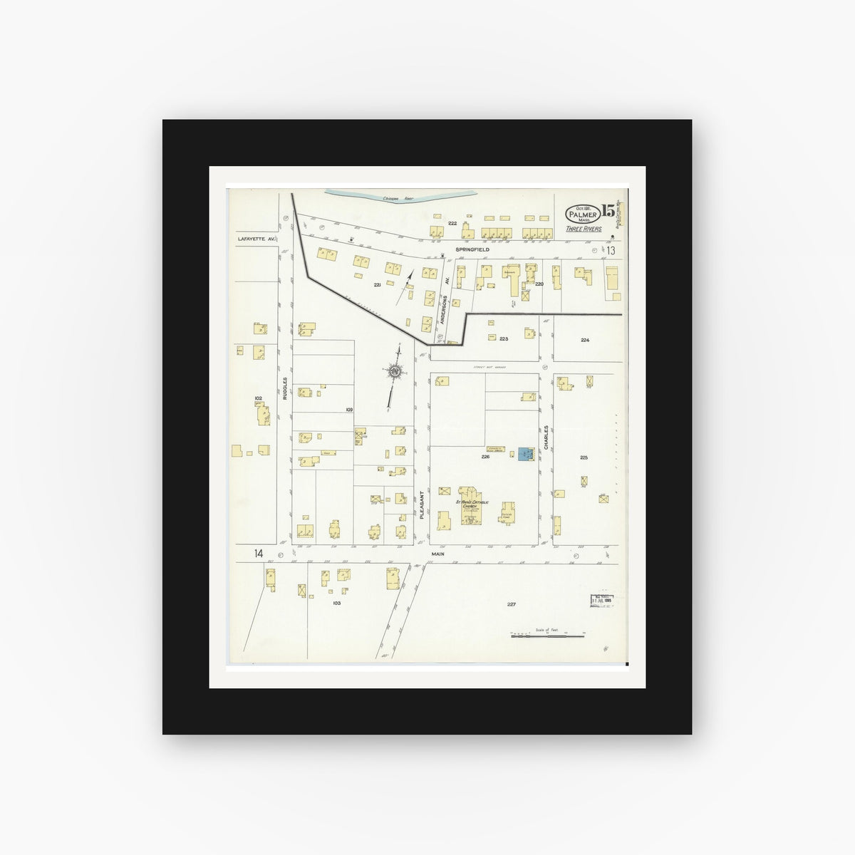 Old map wall art mockup — black gallery frame with white mat — Sanborn Fire Insurance Map from Palmer, Hampden County, Massachusetts (1911), Sheet #0015