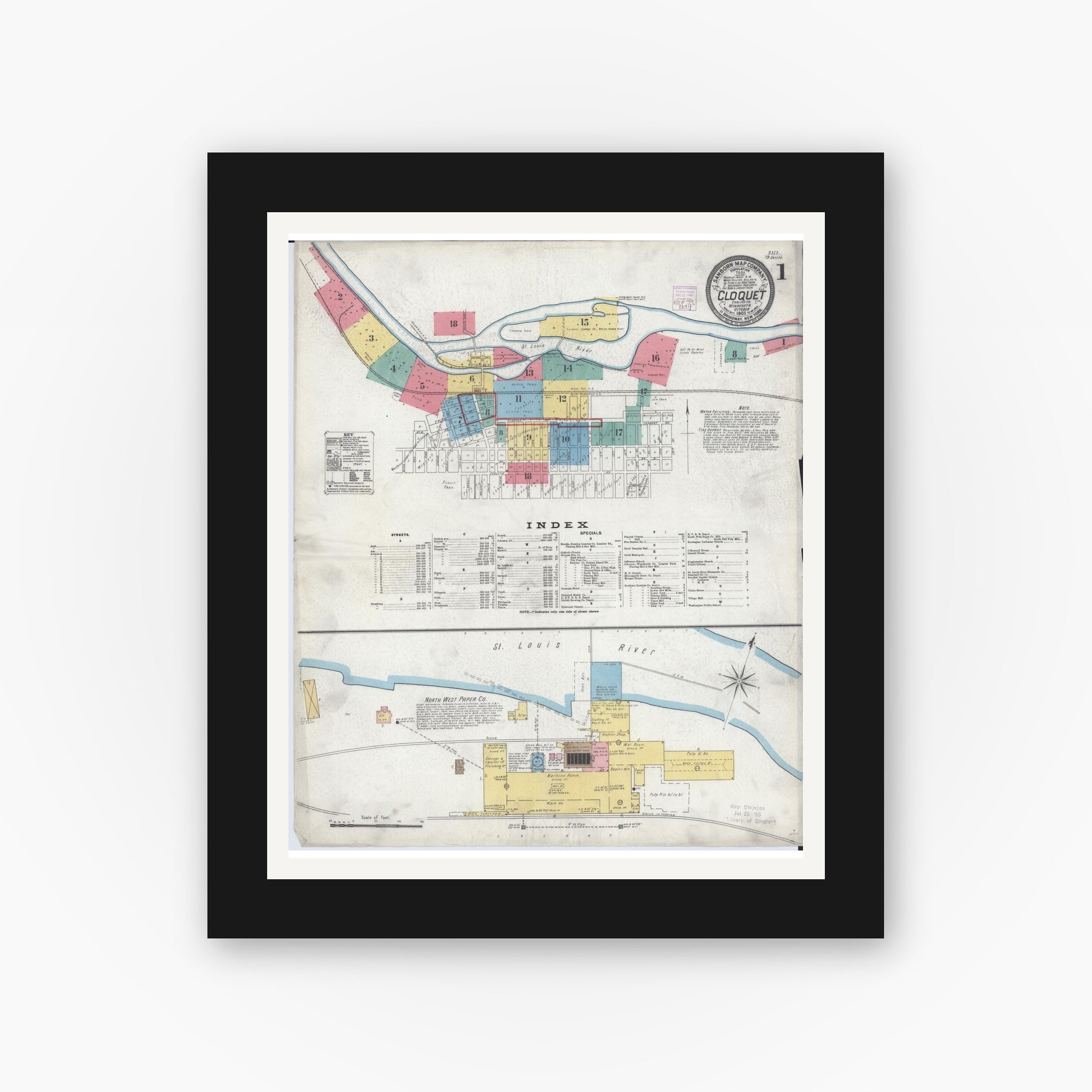 Old map wall art mockup — black gallery frame with white mat — Sanborn Fire Insurance Map from Cloquet, Carlton County, Minnesota (1905) - Complete Map Set