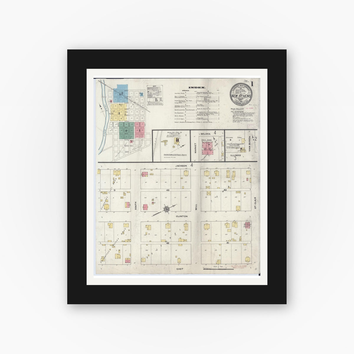 Old map wall art mockup — black gallery frame with white mat — Sanborn Fire Insurance Map from New Athens, Saint Clair County, Illinois (1910) - Complete Map Set