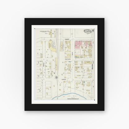 Old map wall art mockup — black gallery frame with white mat — Sanborn Fire Insurance Map from Crookston, Polk County, Minnesota (1890), Sheet #0002