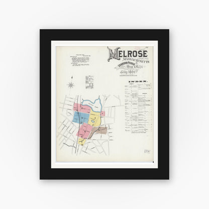 Old map wall art mockup — black gallery frame with white mat — Sanborn Fire Insurance Map from Melrose, Middlesex County, Massachusetts (1892) - Complete Map Set
