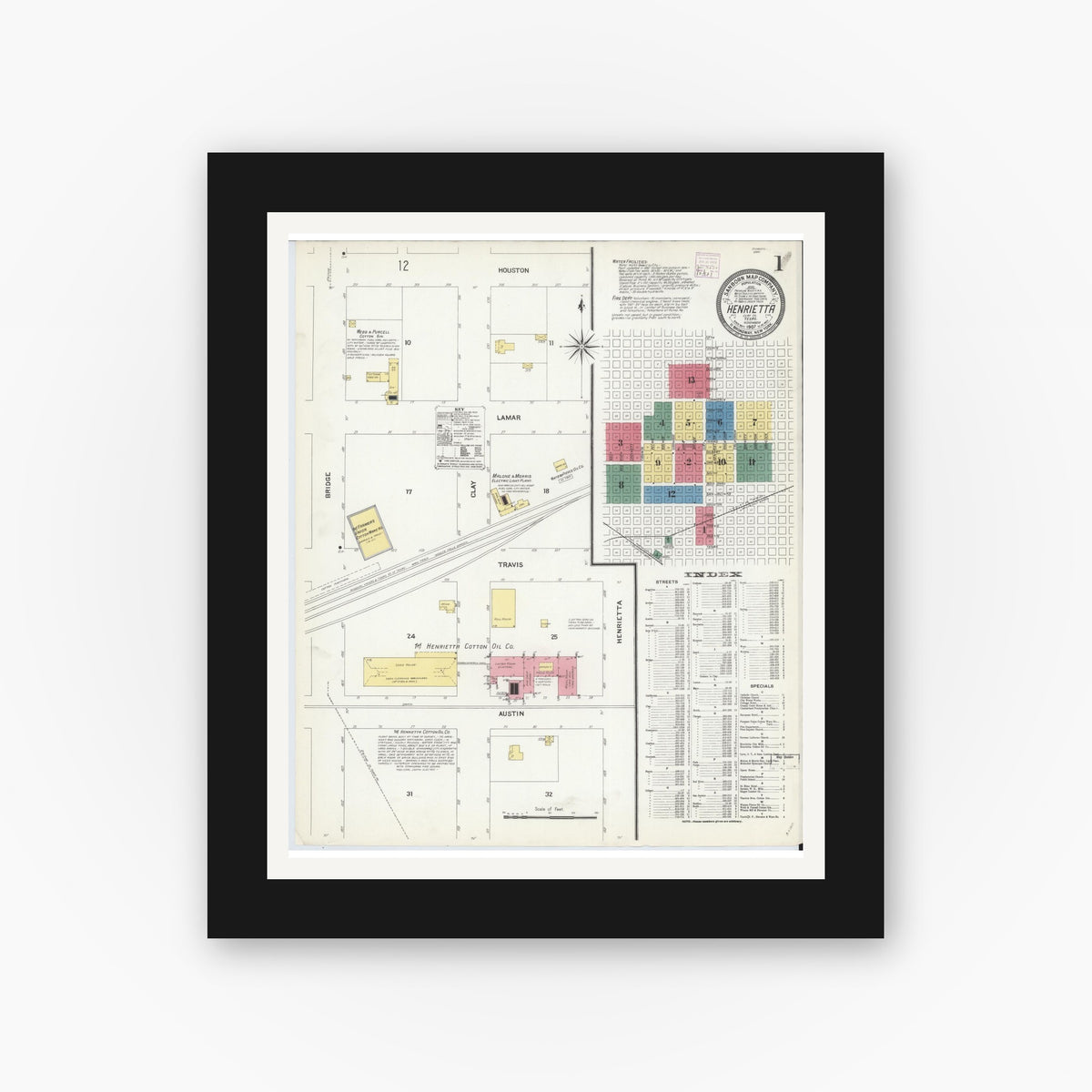 Old map wall art mockup — black gallery frame with white mat — Sanborn Fire Insurance Map from Henrietta, Clay County, Texas (1907) - Complete Map Set