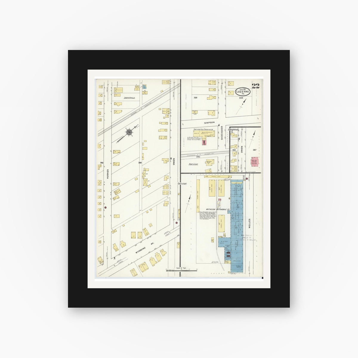 Old map wall art mockup — black gallery frame with white mat — Sanborn Fire Insurance Map from Luzerne, Luzerne County, Pennsylvania (1911), Sheet #0022