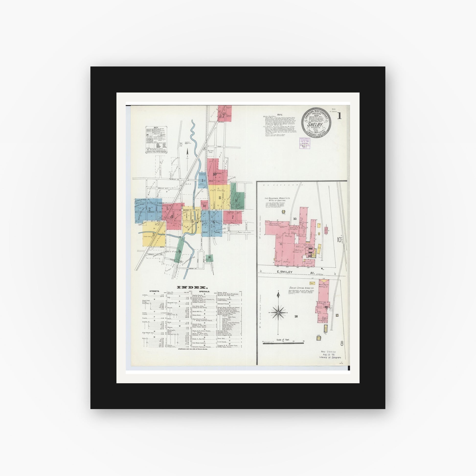 Old map wall art mockup — black gallery frame with white mat — Sanborn Fire Insurance Map from Shelby, Richland County, Ohio (1904) - Complete Map Set