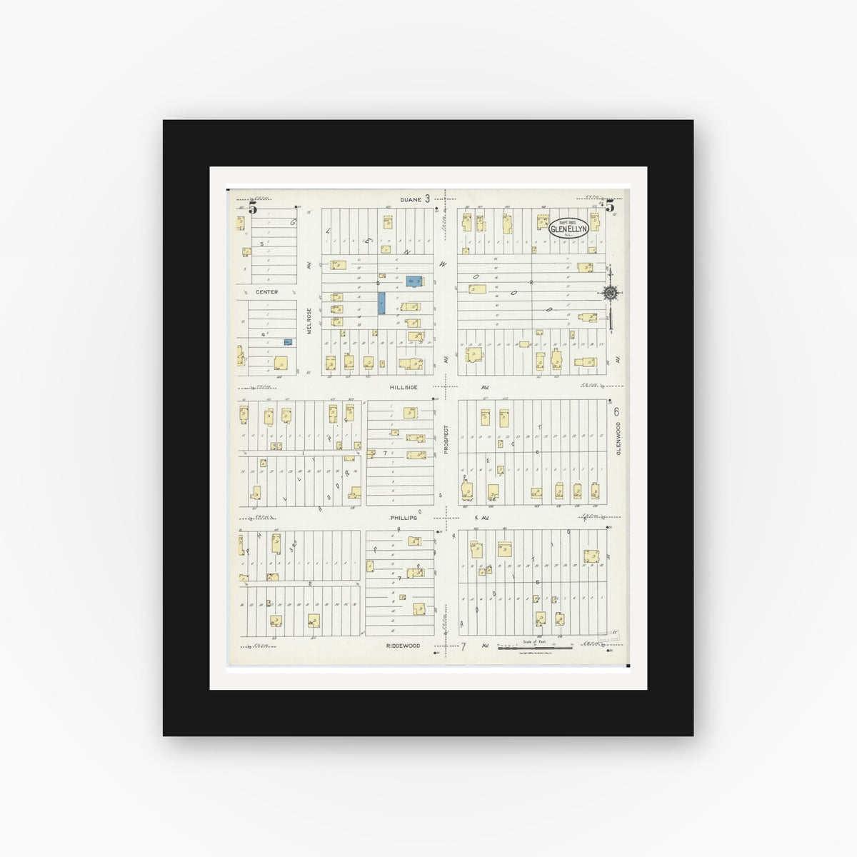 Old map wall art mockup — black gallery frame with white mat — Sanborn Fire Insurance Map from Glen Ellyn, Du Page County, Illinois (1924), Sheet #0005