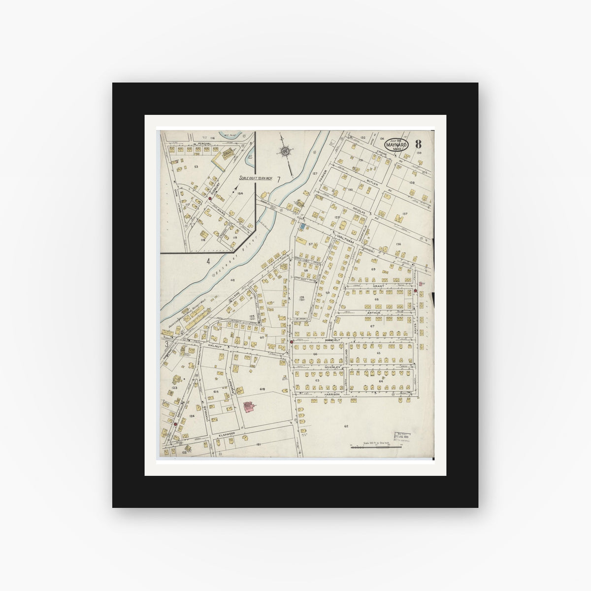 Old map wall art mockup — black gallery frame with white mat — Sanborn Fire Insurance Map from Maynard, Middlesex County, Massachusetts (1915), Sheet #0008