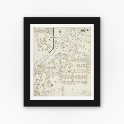Old map wall art mockup — black gallery frame with white mat — Sanborn Fire Insurance Map from Maynard, Middlesex County, Massachusetts (1915), Sheet #0008