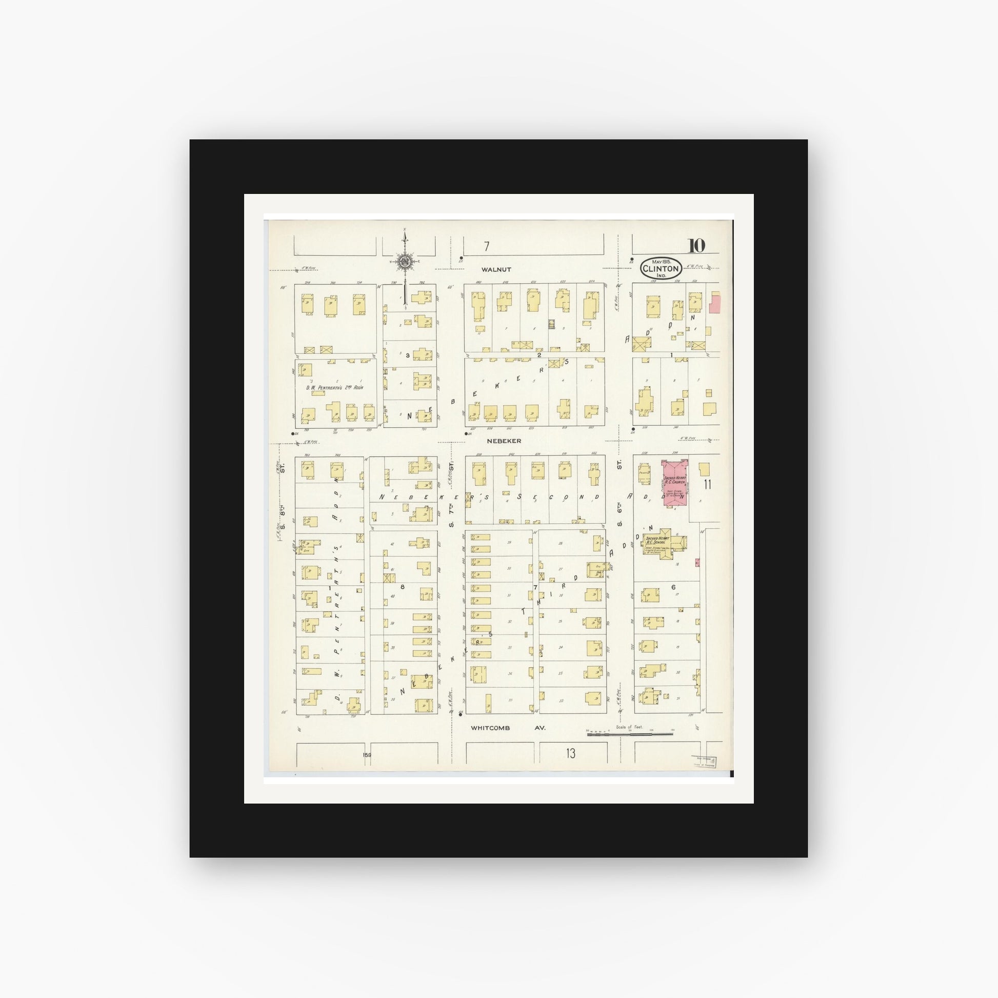 Old map wall art mockup — black gallery frame with white mat — Sanborn Fire Insurance Map from Clinton, Vermillion County, Indiana (1915), Sheet #0010