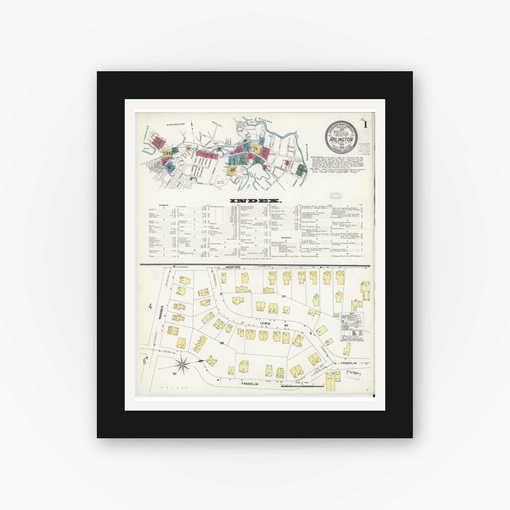 Old map wall art mockup — black gallery frame with white mat — Sanborn Fire Insurance Map from Arlington, Middlesex County, Massachusetts (1908) - Complete Map Set