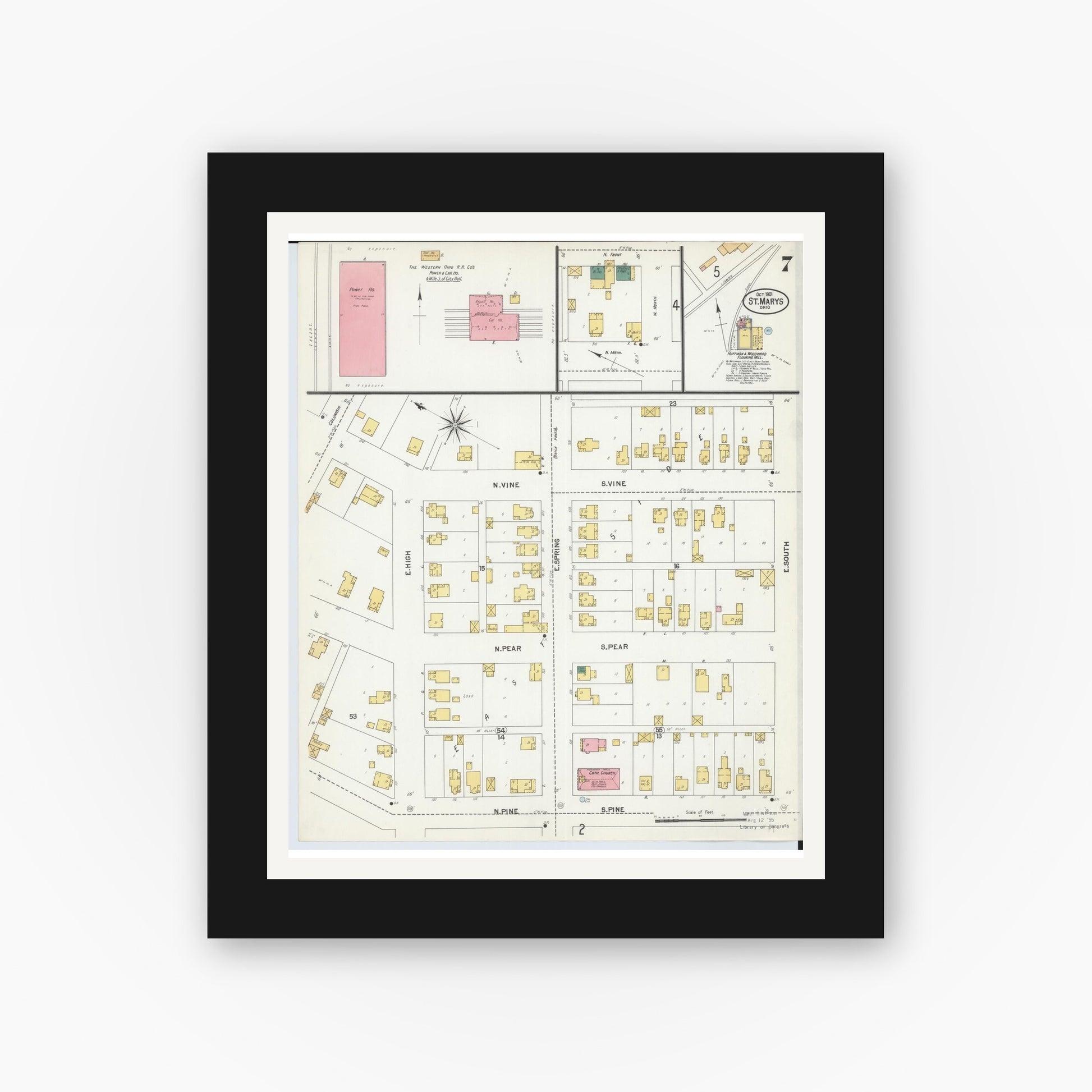 Old map wall art mockup — black gallery frame with white mat — Sanborn Fire Insurance Map from Saint Marys, Auglaize County, Ohio (1901), Sheet #0007