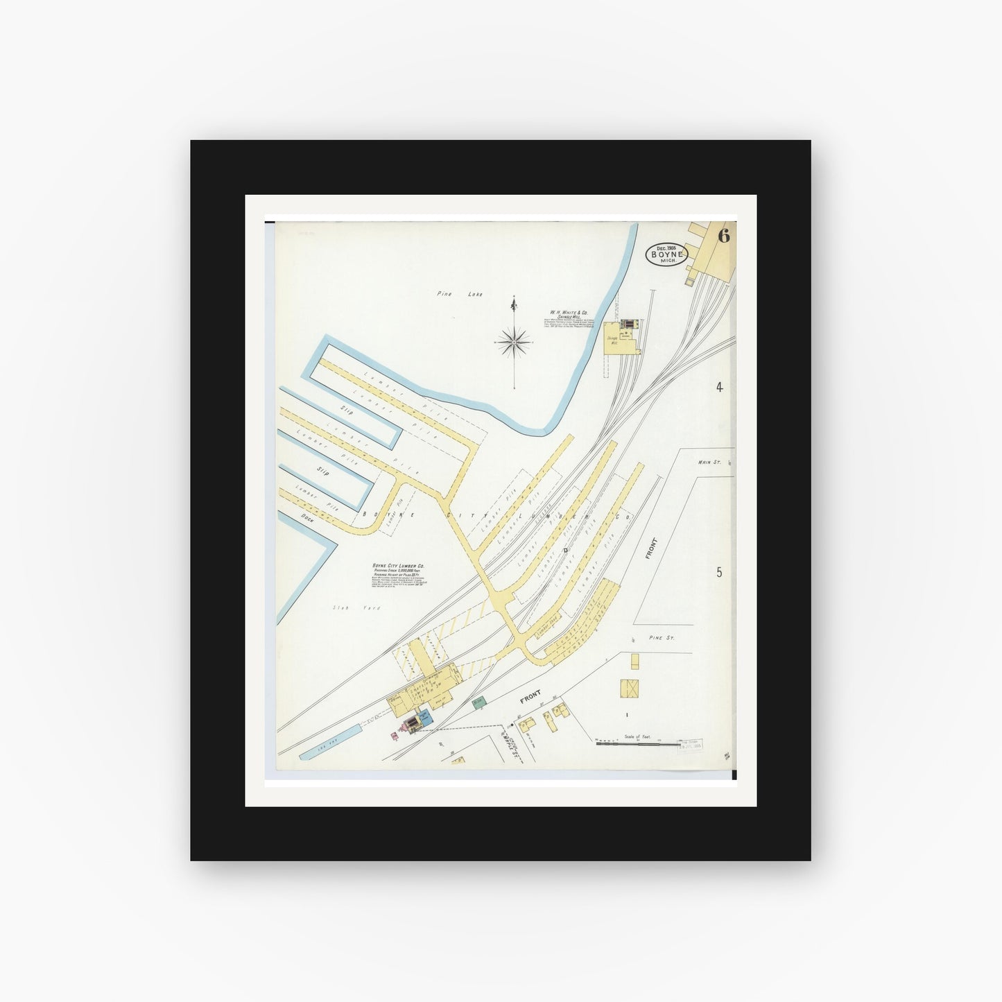Old map wall art mockup — black gallery frame with white mat — Sanborn Fire Insurance Map from Boyne City, Charlevoix County, Michigan (1905), Sheet #0006