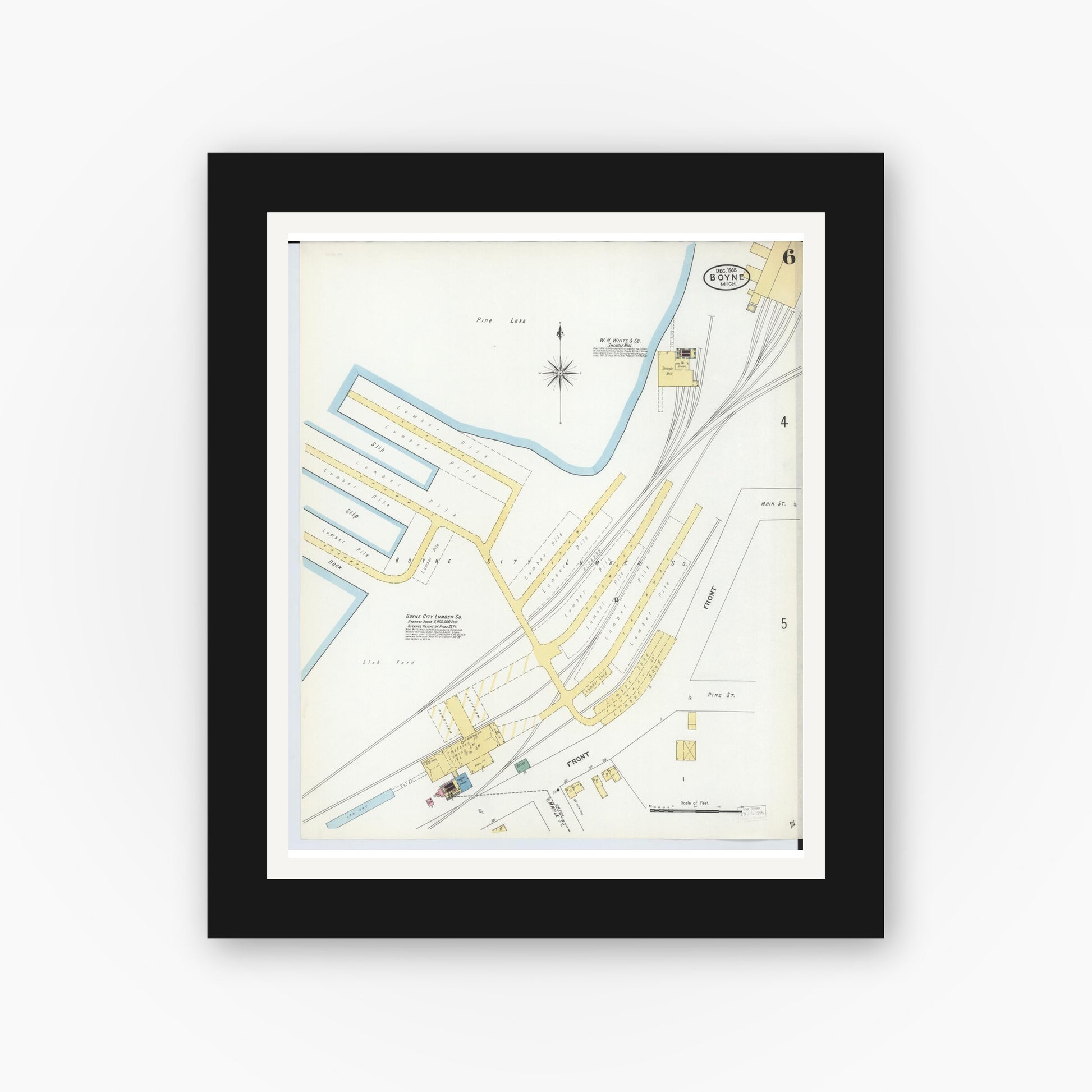 Old map wall art mockup — black gallery frame with white mat — Sanborn Fire Insurance Map from Boyne City, Charlevoix County, Michigan (1905), Sheet #0006