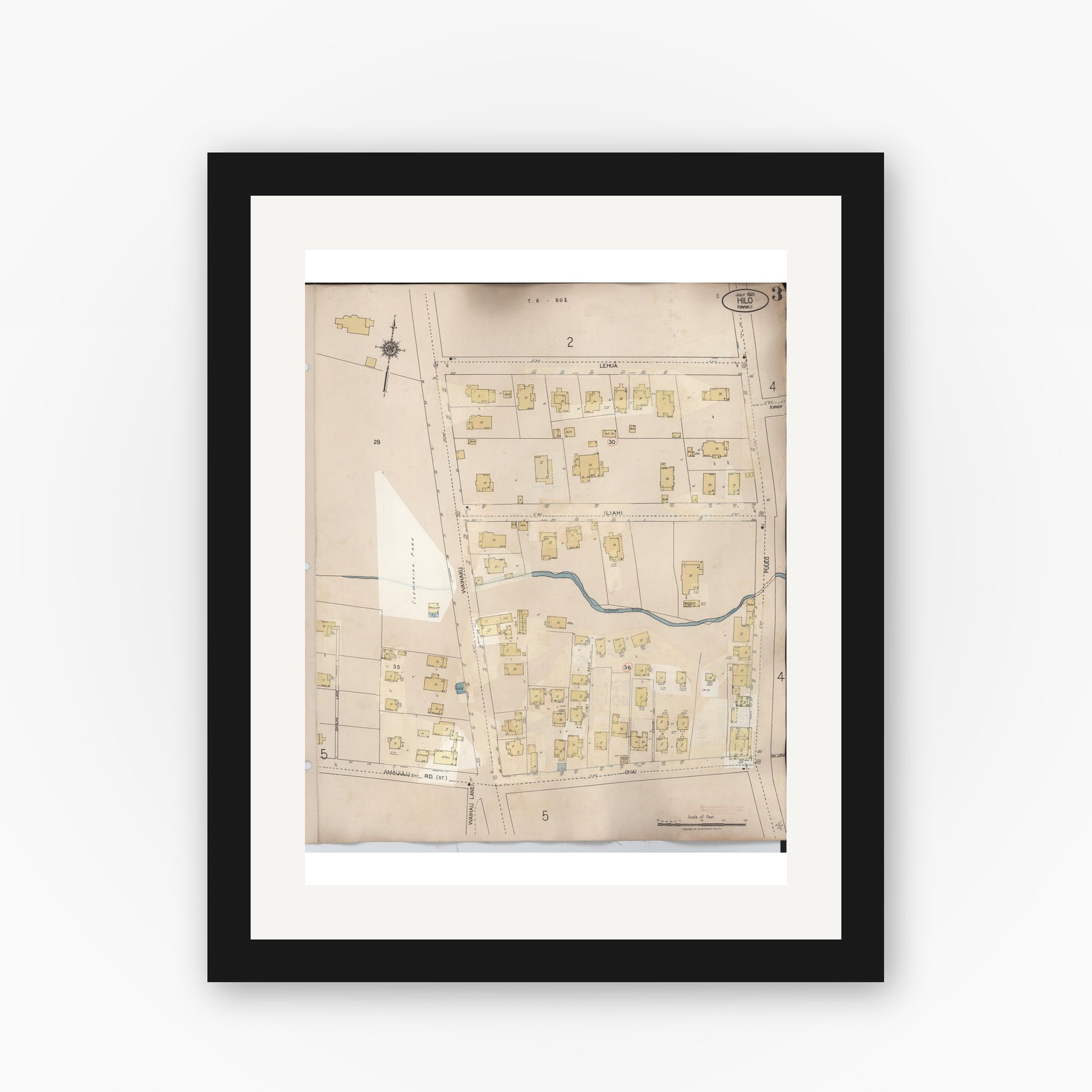 Old map wall art mockup — black gallery frame with white mat — Sanborn Fire Insurance Map from Hilo, Hawaii County, Hawaii (1957), Sheet #0003