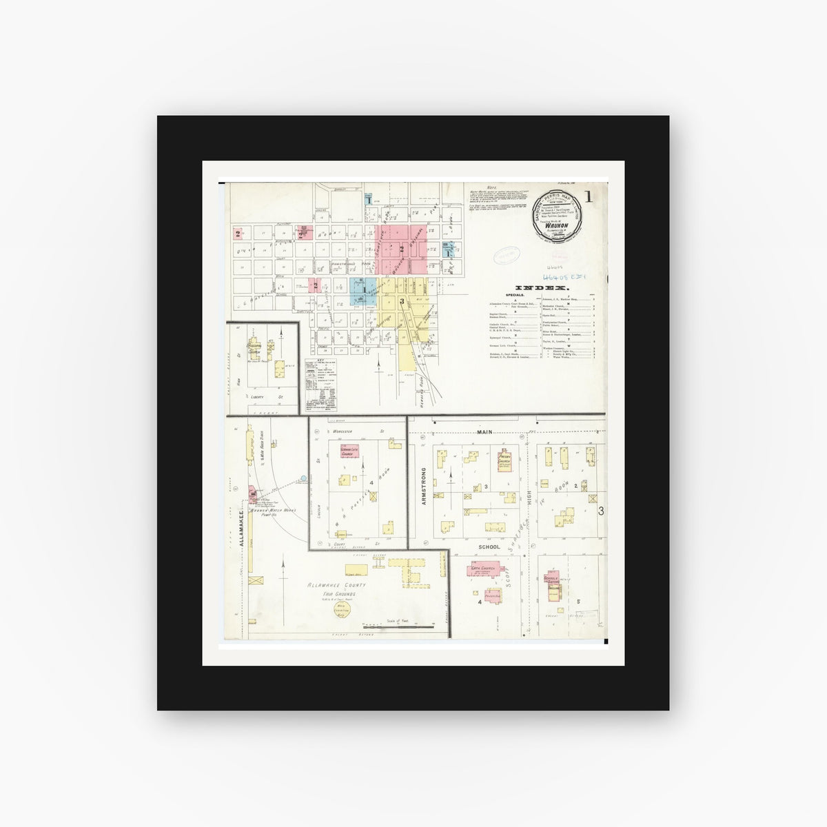 Old map wall art mockup — black gallery frame with white mat — Sanborn Fire Insurance Map from Waukon, Allamakee County, Iowa (1897) â€” Complete Set