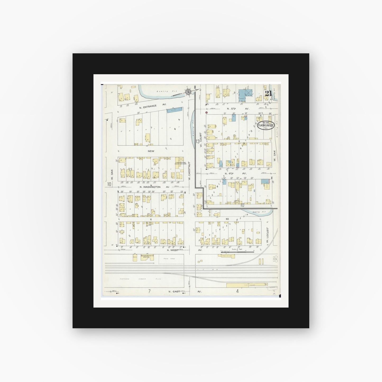 Old map wall art mockup — black gallery frame with white mat — Sanborn Fire Insurance Map from Kankakee, Kankakee County, Illinois (1914), Sheet #0021