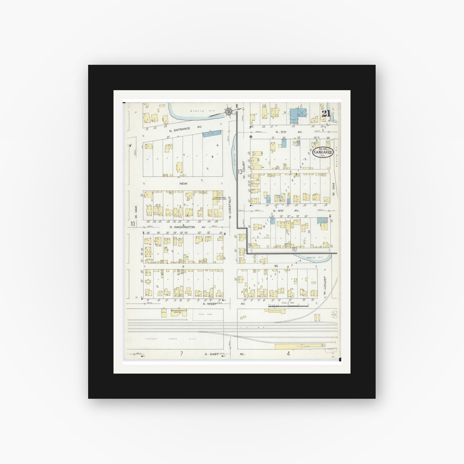 Old map wall art mockup — black gallery frame with white mat — Sanborn Fire Insurance Map from Kankakee, Kankakee County, Illinois (1914), Sheet #0021