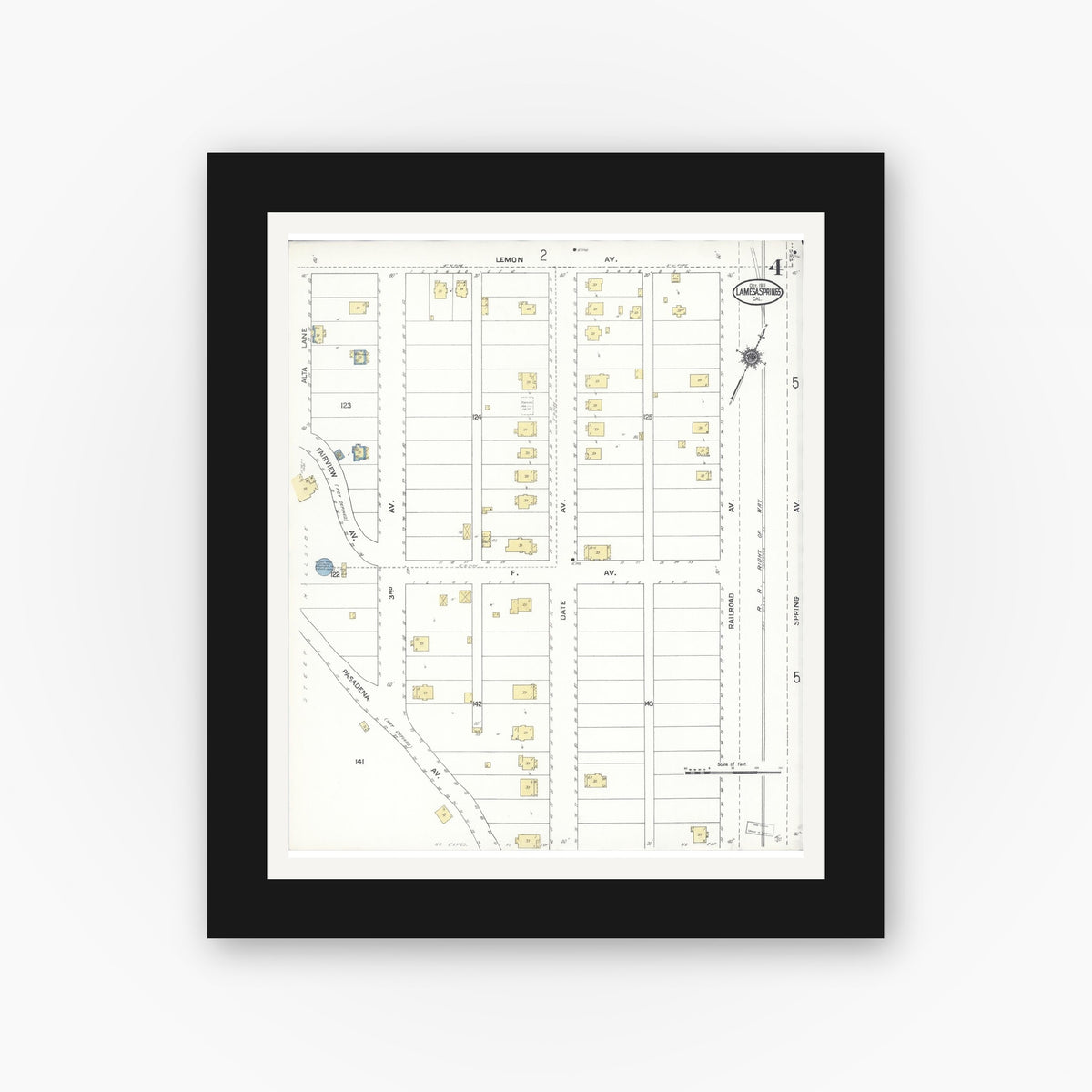 Old map wall art mockup — black gallery frame with white mat — Sanborn Fire Insurance Map from La Mesa, San Diego County, California (1911), Sheet #0004