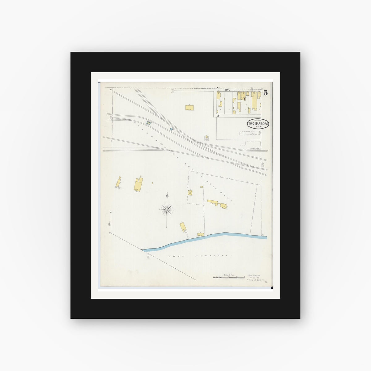Old map wall art mockup — black gallery frame with white mat — Sanborn Fire Insurance Map from Two Harbors, Lake County, Minnesota (1892), Sheet #0005