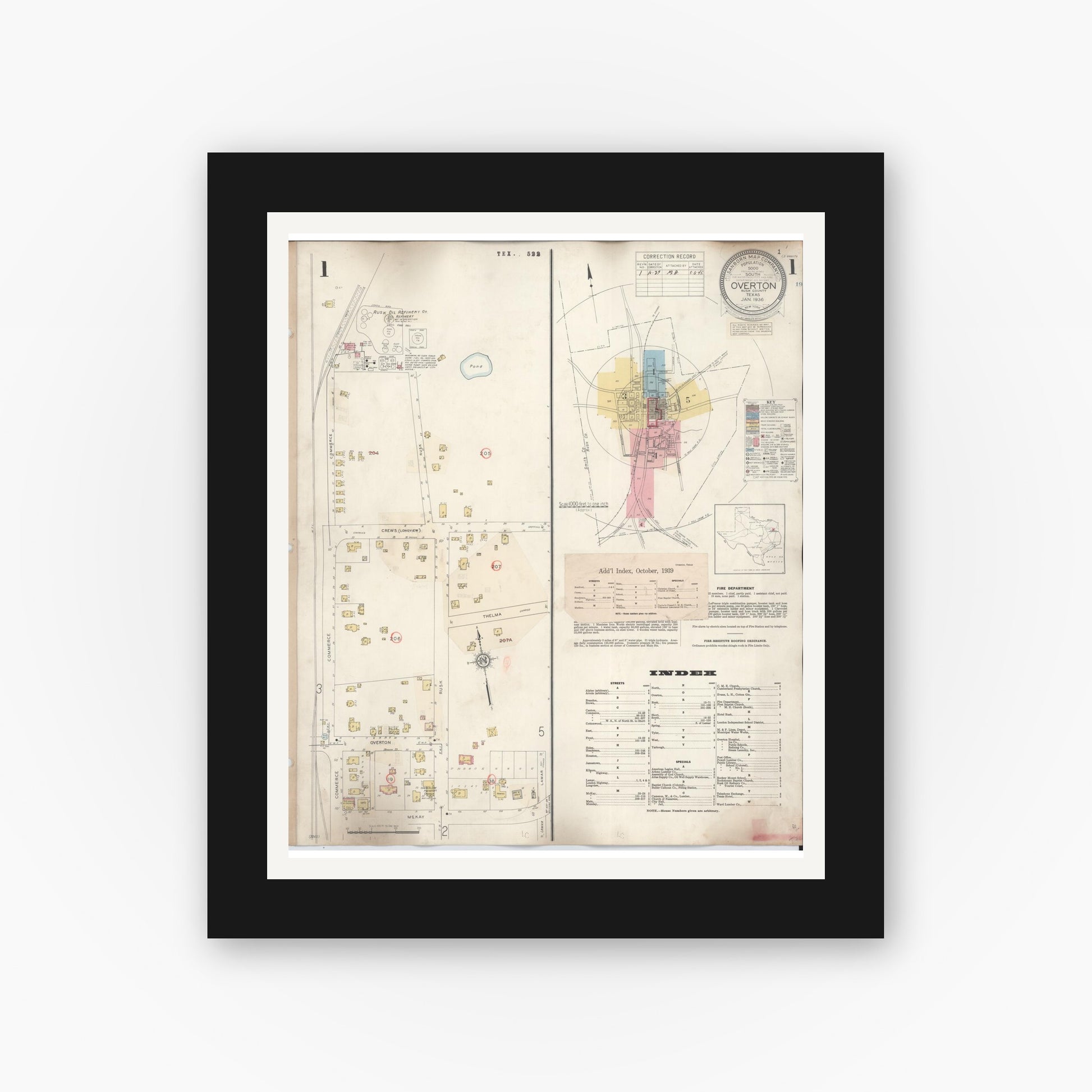 Old map wall art mockup — black gallery frame with white mat — Sanborn Fire Insurance Map from Overton, Rusk County, Texas (1939), Sheet #0001