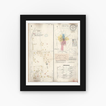 Old map wall art mockup — black gallery frame with white mat — Sanborn Fire Insurance Map from Overton, Rusk County, Texas (1939), Sheet #0001
