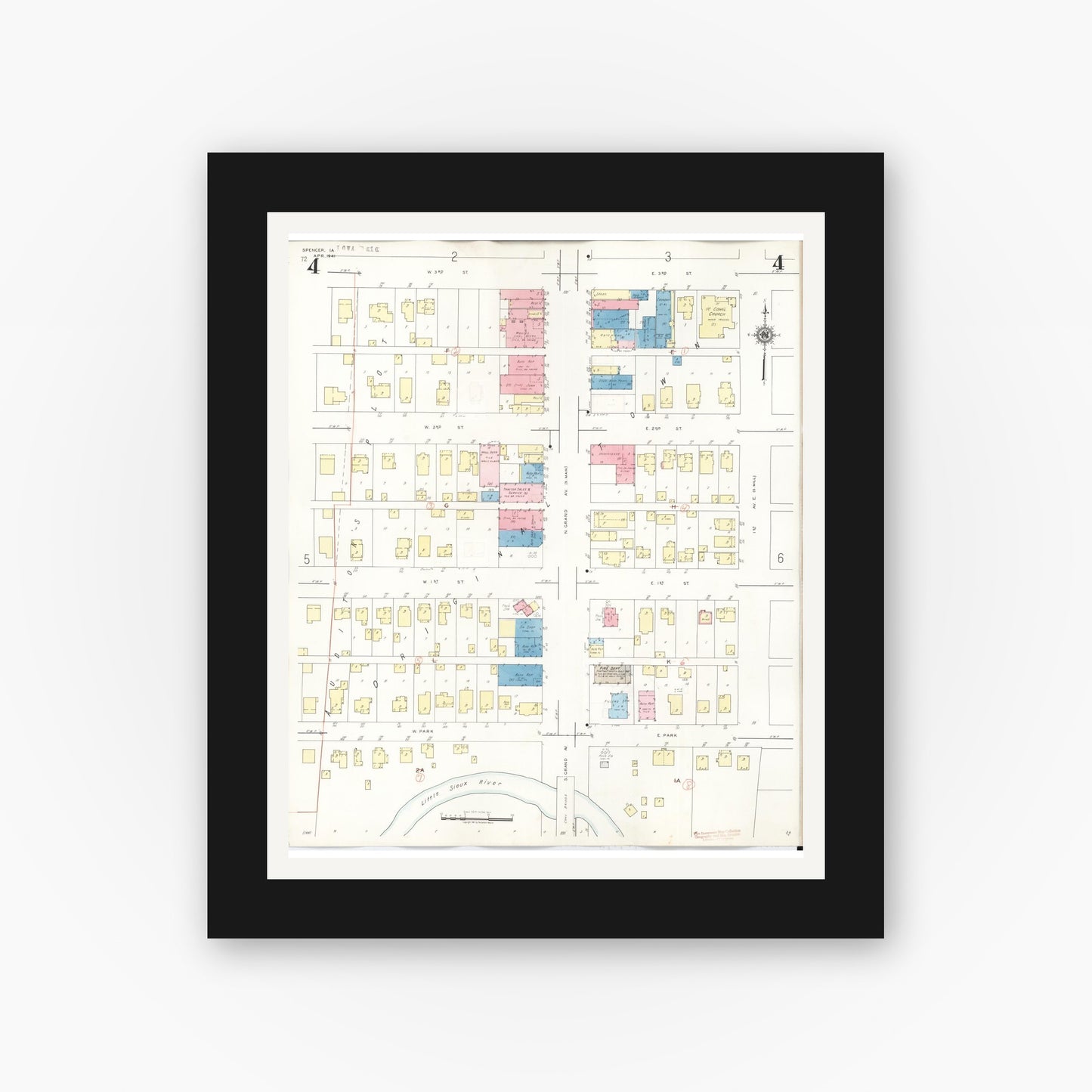 Old map wall art mockup — black gallery frame with white mat — Sanborn Fire Insurance Map from Spencer, Clay County, Iowa (1946), Sheet #0004