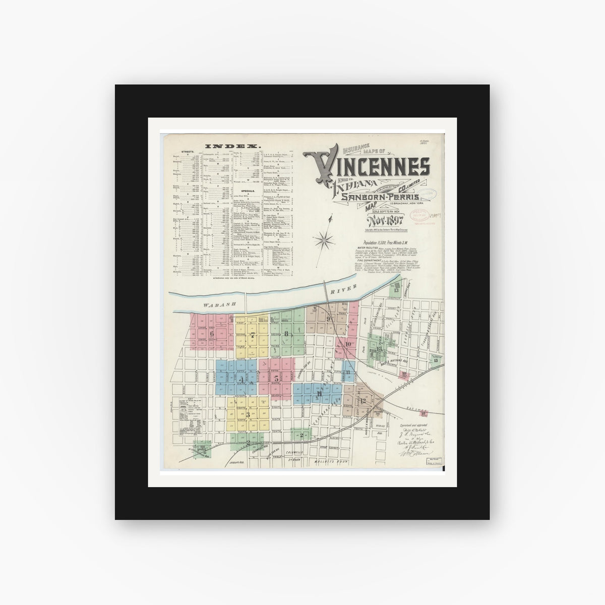 Old map wall art mockup — black gallery frame with white mat — Sanborn Fire Insurance Map from Vincennes, Knox County, Indiana (1897) - Complete Map Set