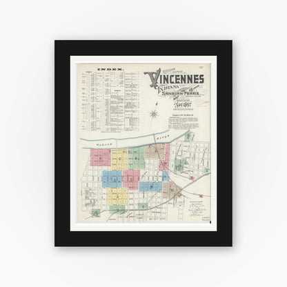 Old map wall art mockup — black gallery frame with white mat — Sanborn Fire Insurance Map from Vincennes, Knox County, Indiana (1897) - Complete Map Set