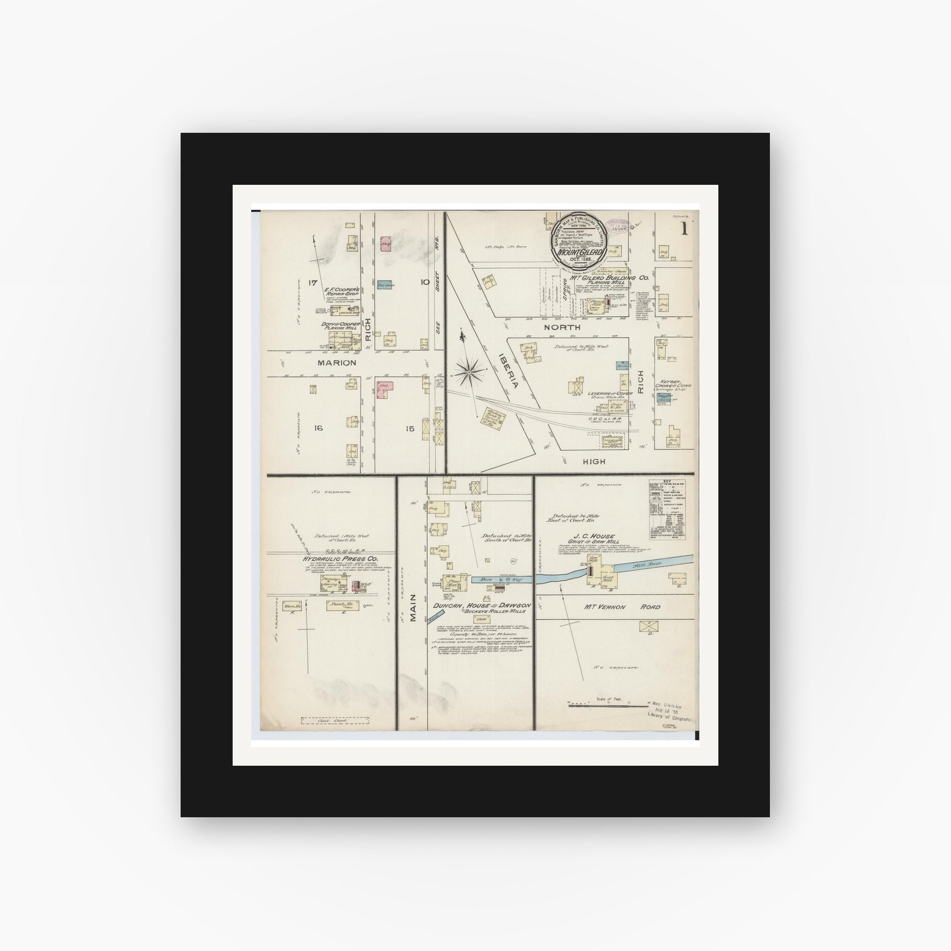 Old map wall art mockup — black gallery frame with white mat — Sanborn Fire Insurance Map from Mount Gilead, Morrow County, Ohio (1885), Sheet #0001