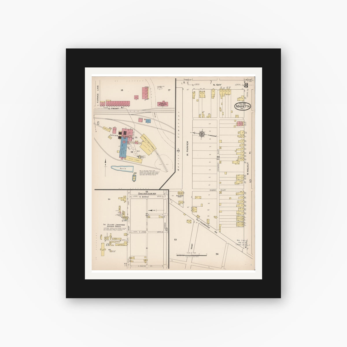 Old map wall art mockup — black gallery frame with white mat — Sanborn Fire Insurance Map from Marietta, Lancaster County, Pennsylvania (1922), Sheet #0008