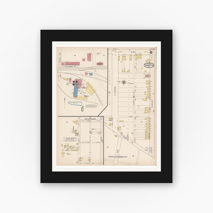 Old map wall art mockup — black gallery frame with white mat — Sanborn Fire Insurance Map from Marietta, Lancaster County, Pennsylvania (1922), Sheet #0008