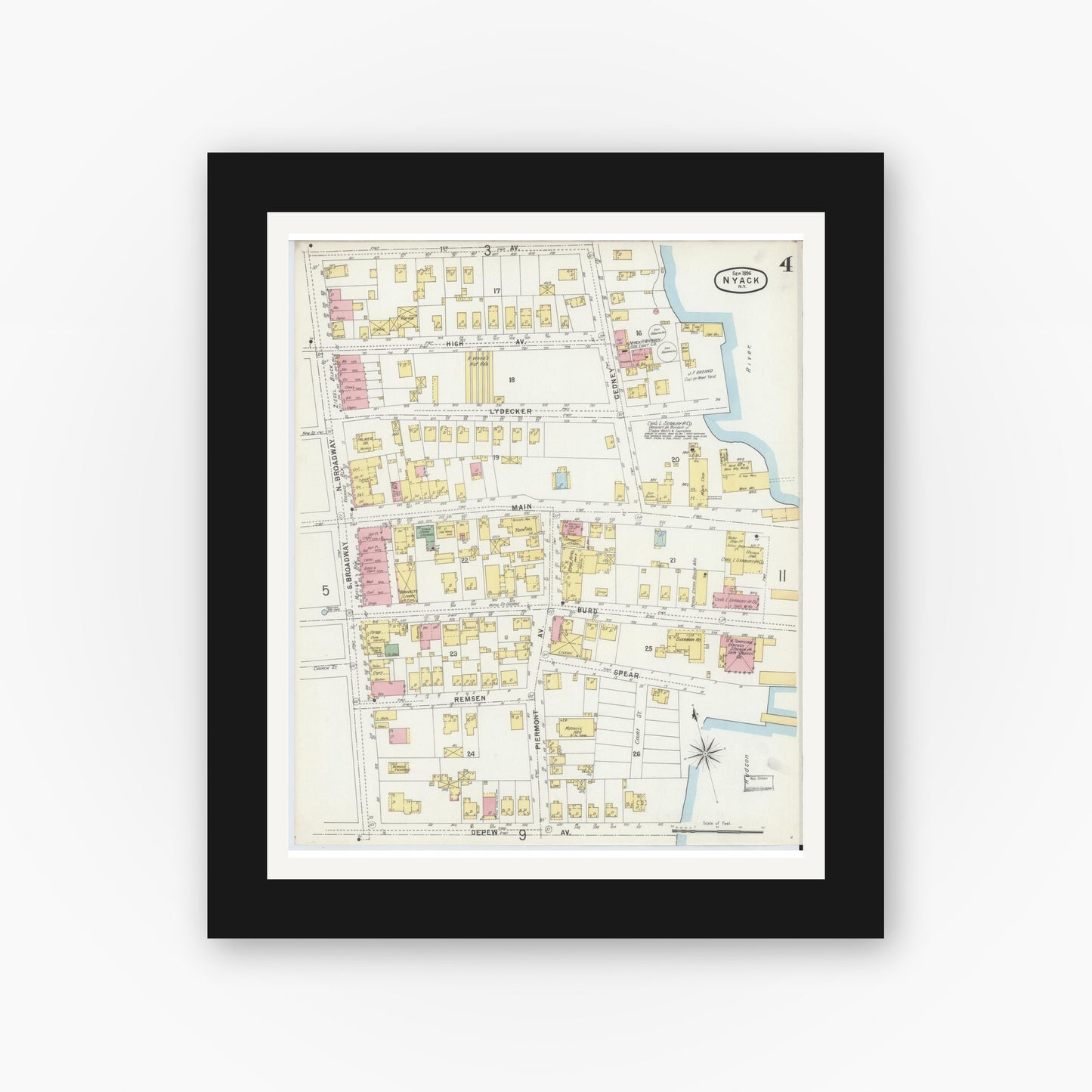 Old map wall art mockup — black gallery frame with white mat — Sanborn Fire Insurance Map from Nyack, Rockland County, New York. (1896), Sheet #0004