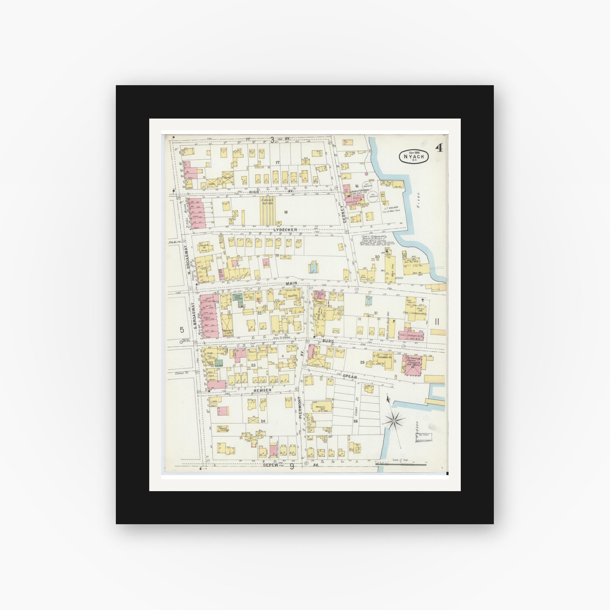 Old map wall art mockup — black gallery frame with white mat — Sanborn Fire Insurance Map from Nyack, Rockland County, New York. (1896), Sheet #0004