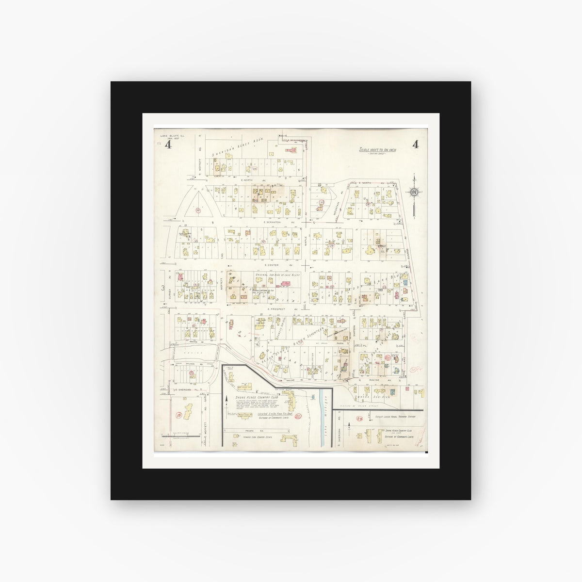 Old map wall art mockup — black gallery frame with white mat — Sanborn Fire Insurance Map from Lake Bluff, Lake County, Illinois (1944), Sheet #0004