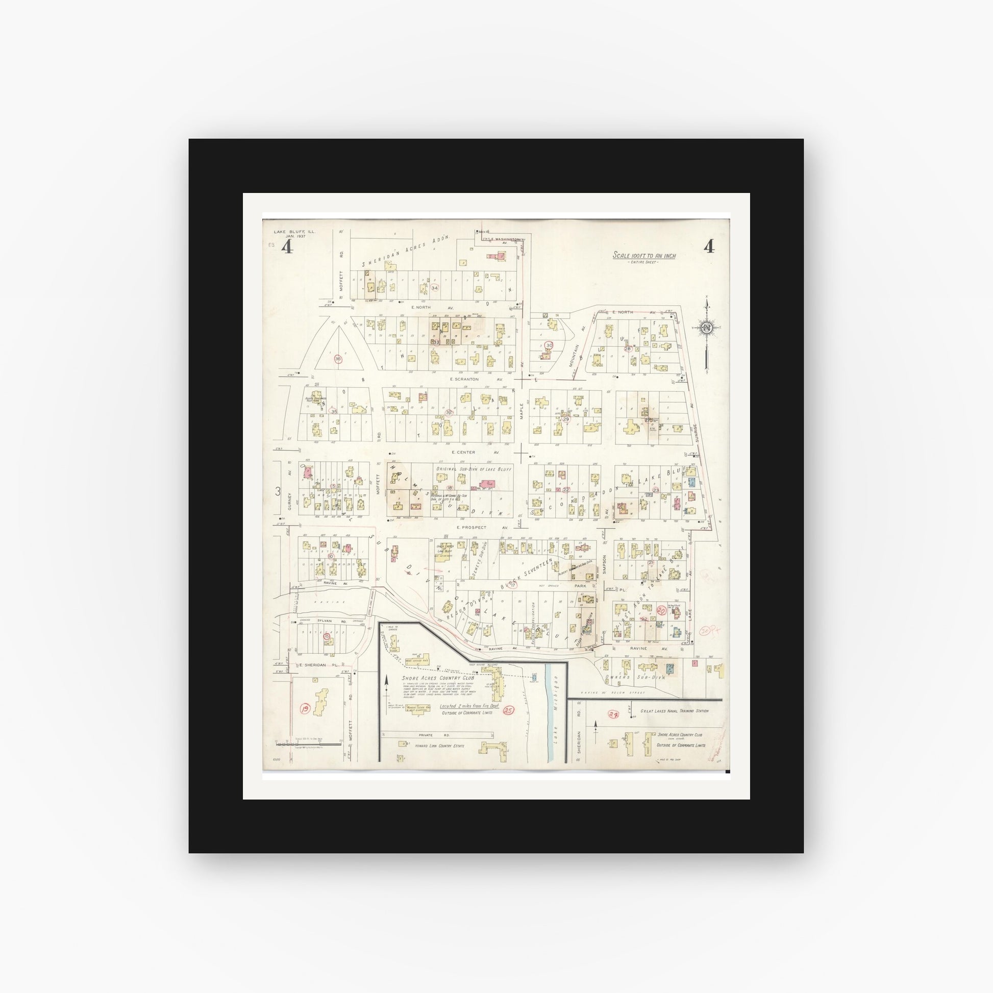 Old map wall art mockup — black gallery frame with white mat — Sanborn Fire Insurance Map from Lake Bluff, Lake County, Illinois (1944), Sheet #0004