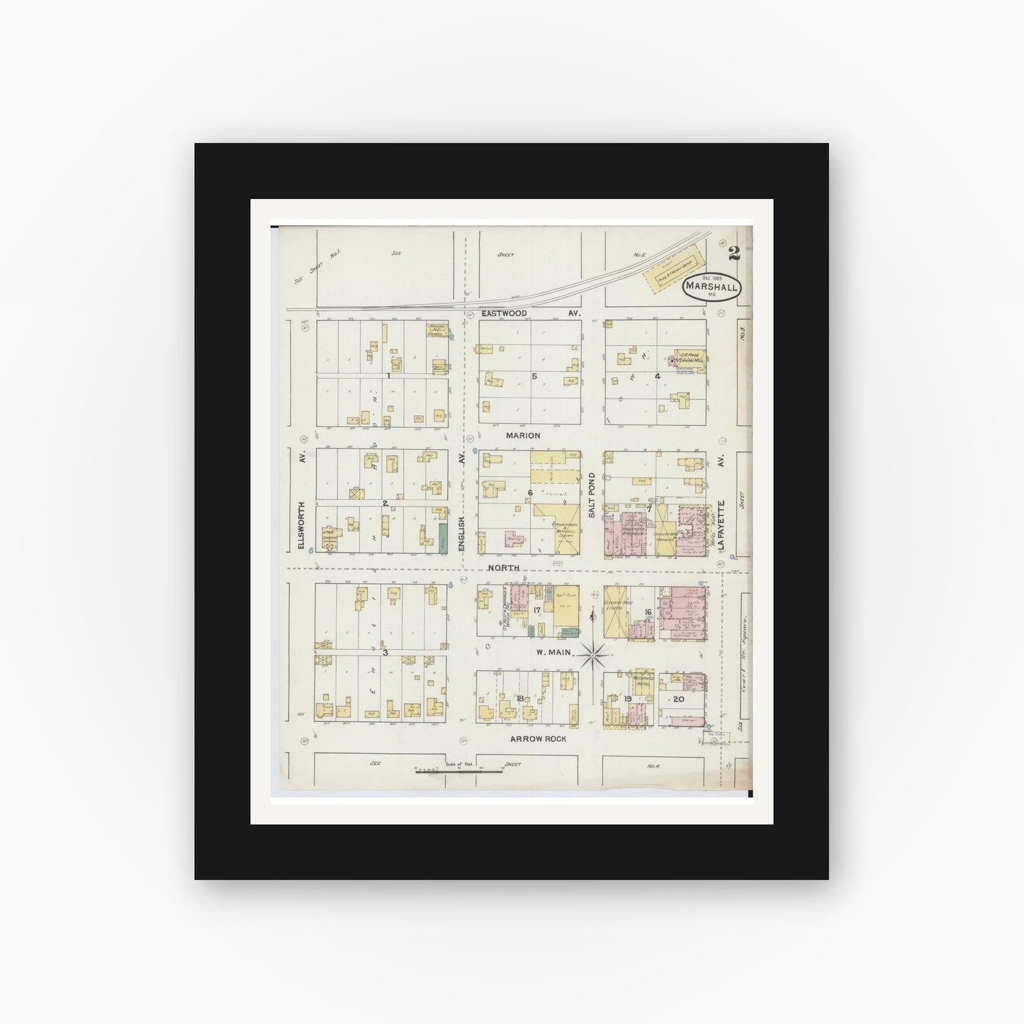 Old map wall art mockup — black gallery frame with white mat — Sanborn Fire Insurance Map from Marshall, Saline County, Missouri (1889), Sheet #0002
