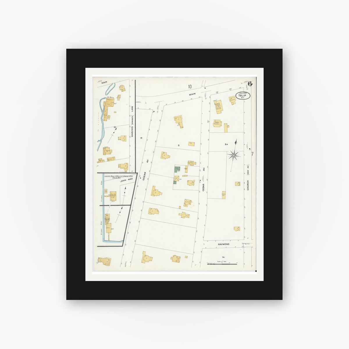 Old map wall art mockup — black gallery frame with white mat — Sanborn Fire Insurance Map from Islip, Suffolk County, New York (1909), Sheet #0006