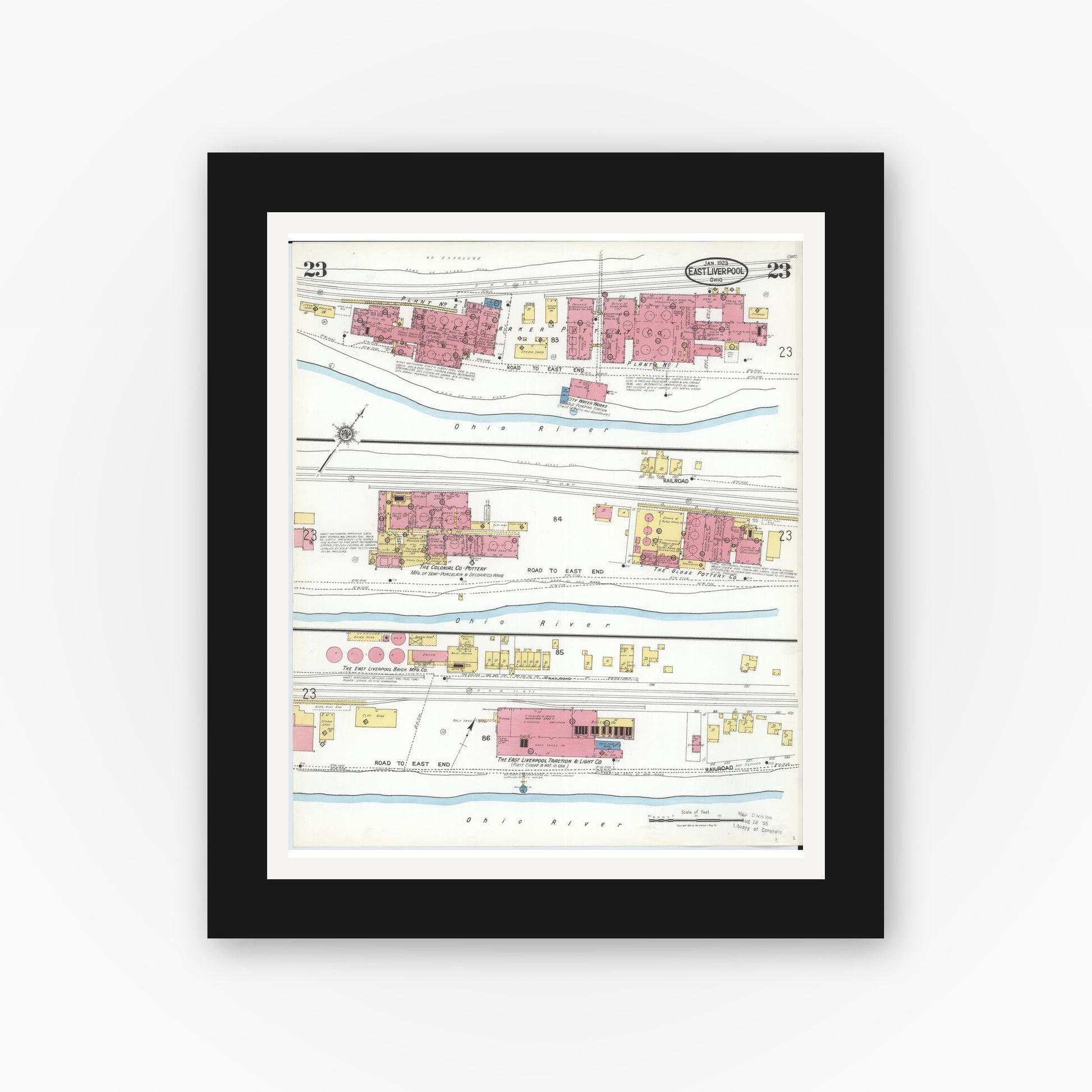 Old map wall art mockup — black gallery frame with white mat — Sanborn Fire Insurance Map from East Liverpool, Columbiana County, Ohio (1923), Sheet #0023