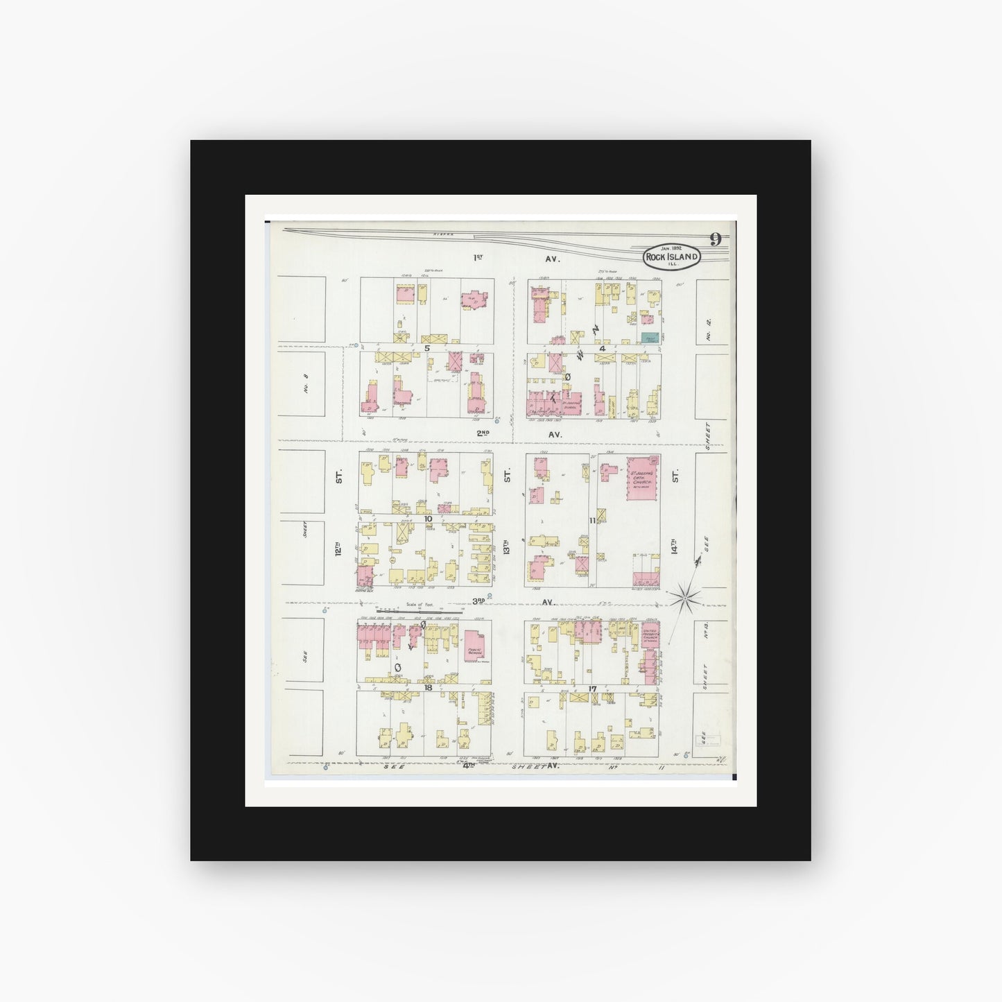 Old map wall art mockup — black gallery frame with white mat — Sanborn Fire Insurance Map from Rock Island, Rock Island County, Illinois (1892), Sheet #0009