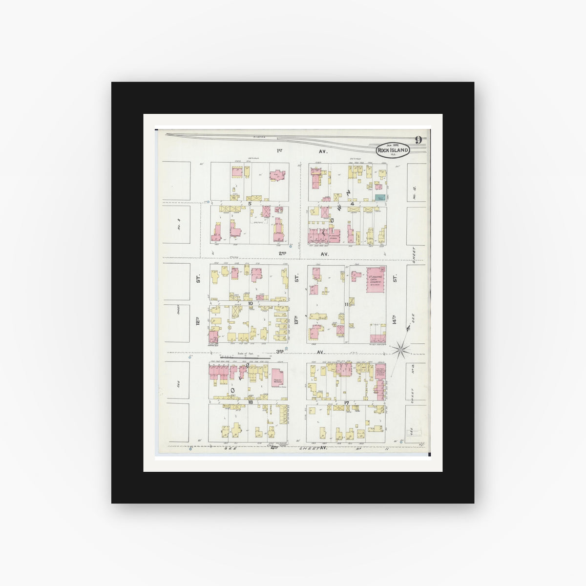 Old map wall art mockup — black gallery frame with white mat — Sanborn Fire Insurance Map from Rock Island, Rock Island County, Illinois (1892), Sheet #0009