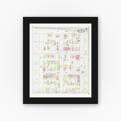 Old map wall art mockup — black gallery frame with white mat — Sanborn Fire Insurance Map from Rock Island, Rock Island County, Illinois (1892), Sheet #0009