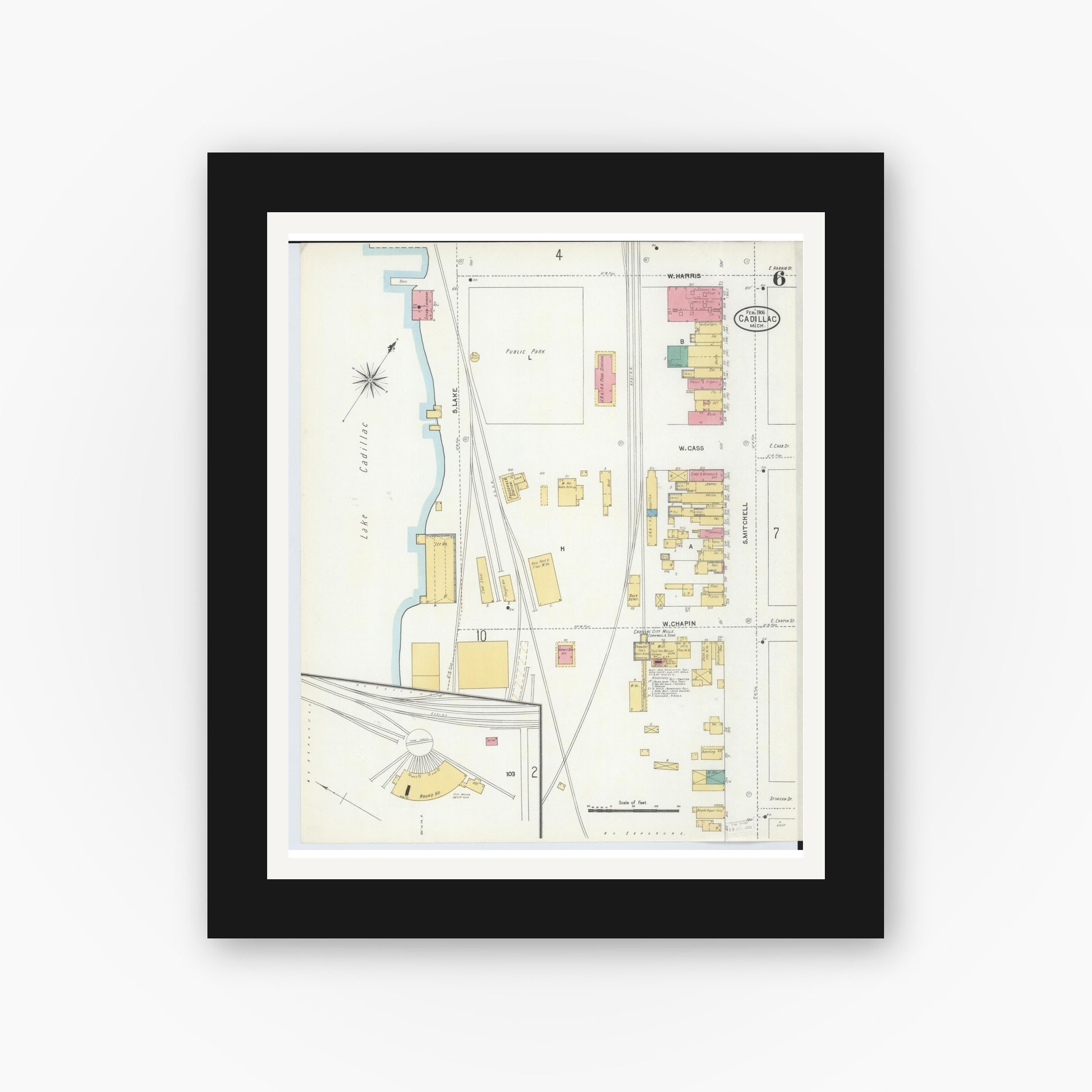 Old map wall art mockup — black gallery frame with white mat — Sanborn Fire Insurance Map from Cadillac, Wexford County, Michigan (1906), Sheet #0006
