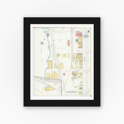 Old map wall art mockup — black gallery frame with white mat — Sanborn Fire Insurance Map from Cadillac, Wexford County, Michigan (1906), Sheet #0006