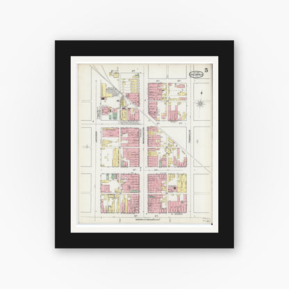 Old map wall art mockup — black gallery frame with white mat — Sanborn Fire Insurance Map from Columbus, Bartholomew County, Indiana (1892), Sheet #0005