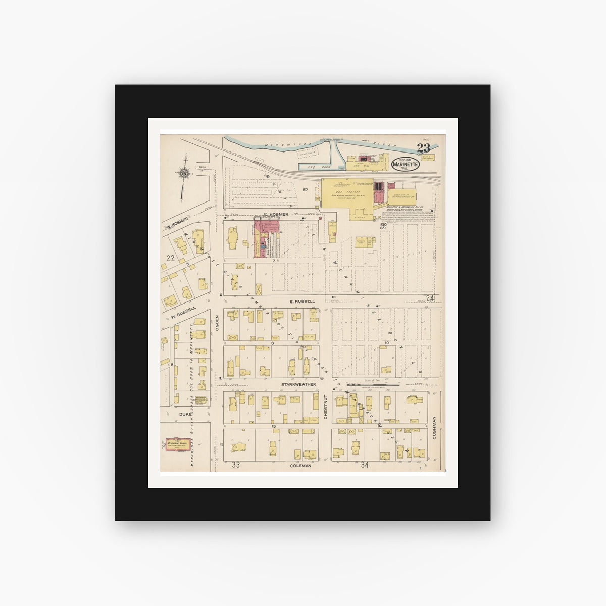 Old map wall art mockup — black gallery frame with white mat — Sanborn Fire Insurance Map from Marinette, Marinette County, Wisconsin (1921), Sheet #0023