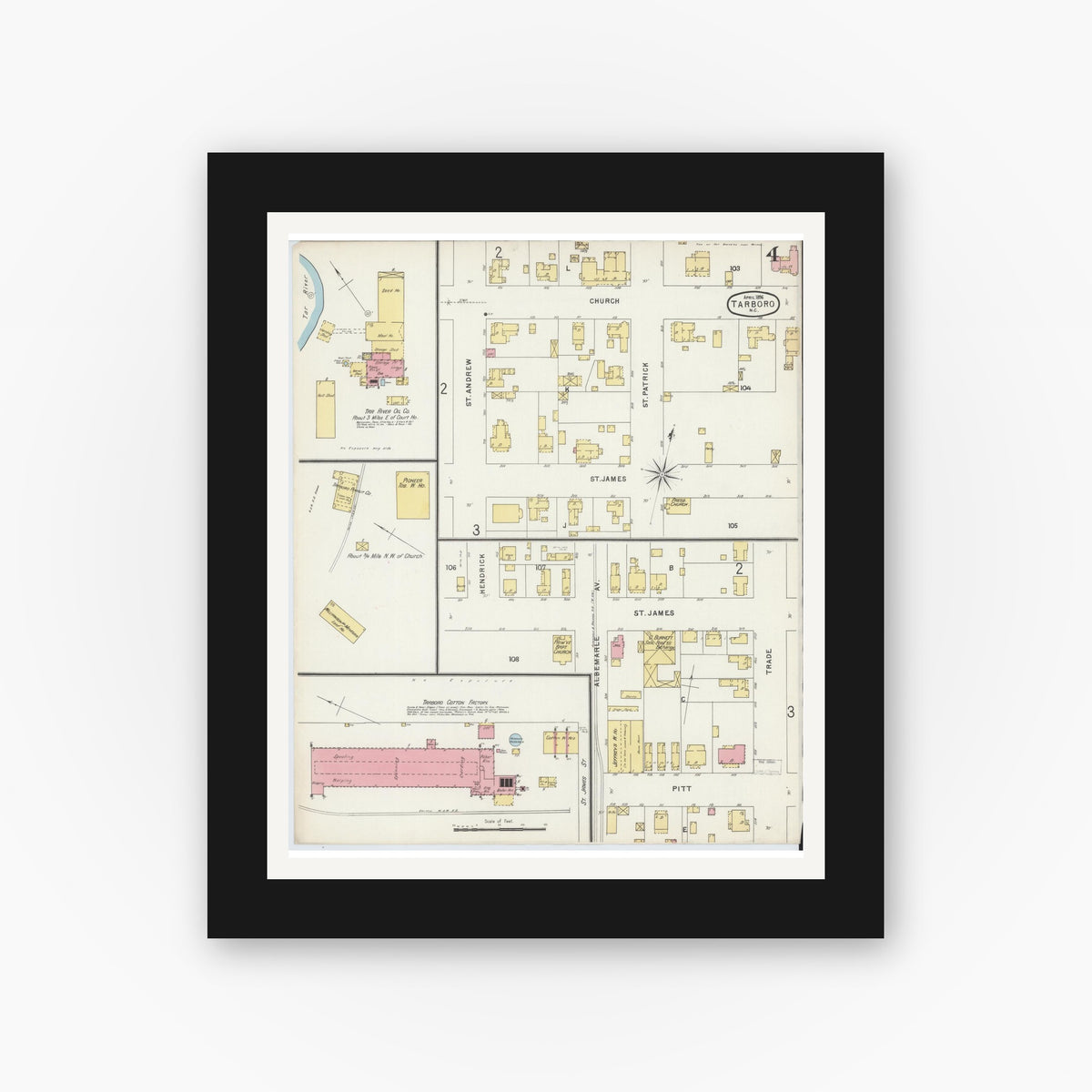 Old map wall art mockup — black gallery frame with white mat — Sanborn Fire Insurance Map from Tarboro, Edgecombe County, North Carolina (1896), Sheet #0004