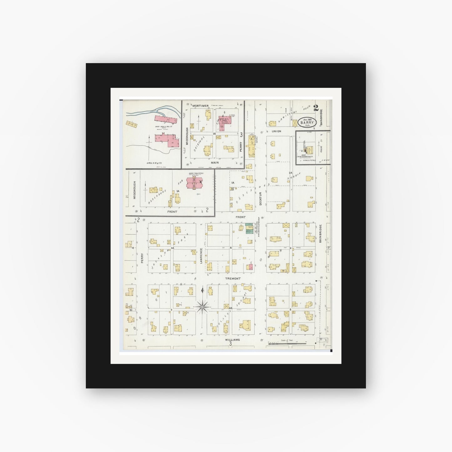 Old map wall art mockup — black gallery frame with white mat — Sanborn Fire Insurance Map from Barry, Pike County, Illinois (1905), Sheet #0002