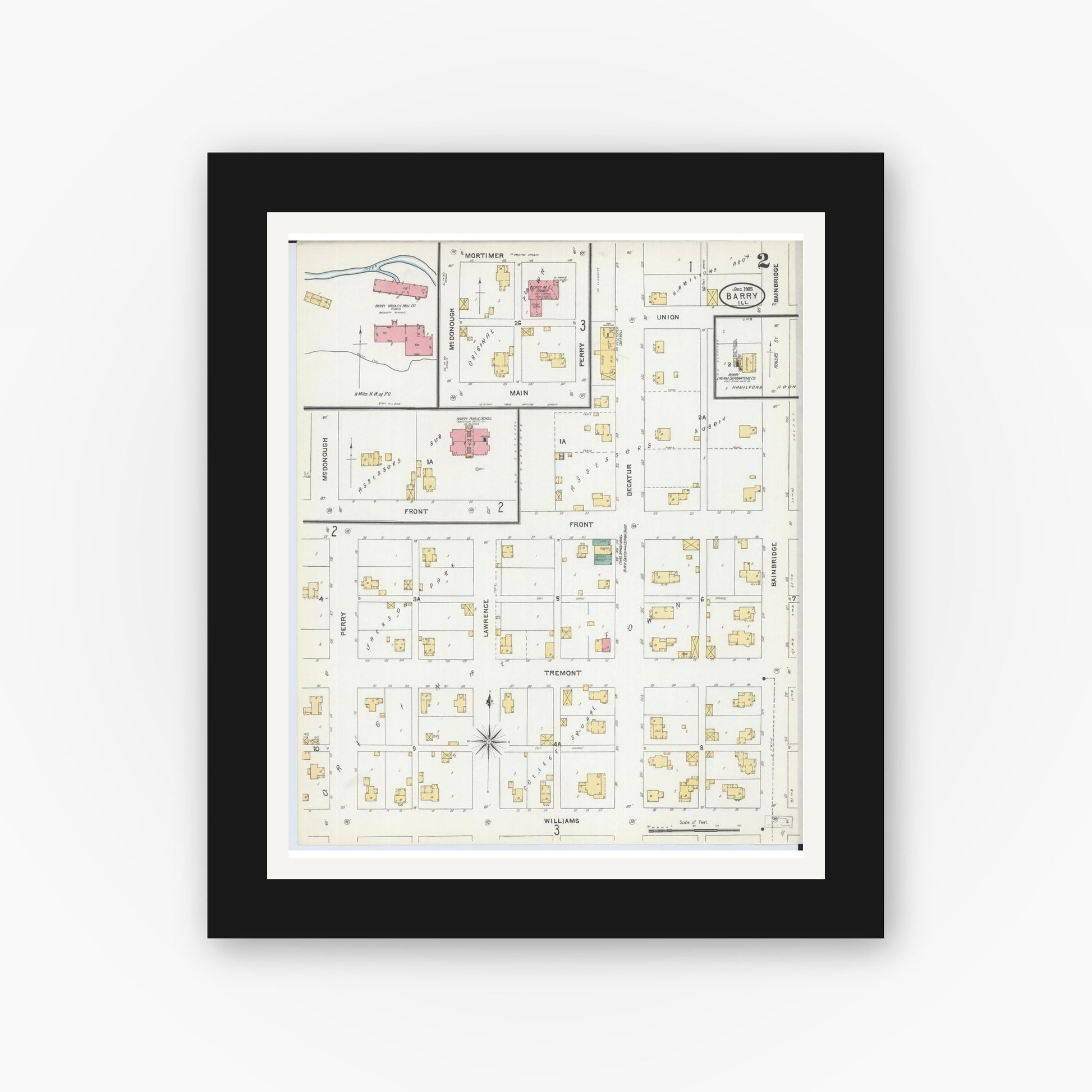 Old map wall art mockup — black gallery frame with white mat — Sanborn Fire Insurance Map from Barry, Pike County, Illinois (1905), Sheet #0002