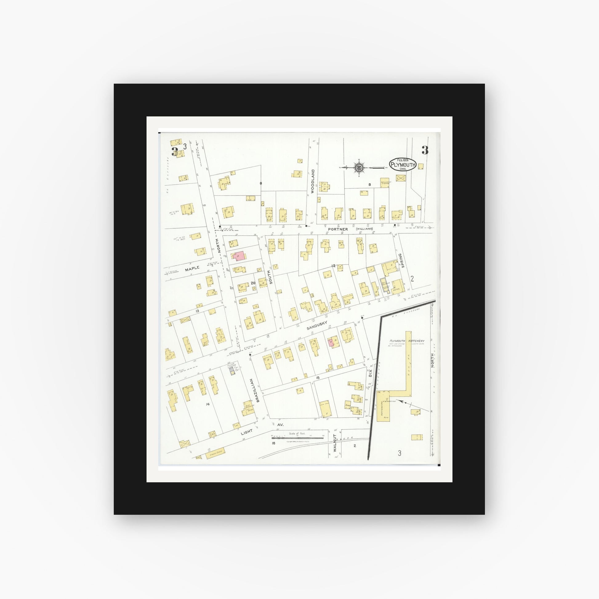 Old map wall art mockup — black gallery frame with white mat — Sanborn Fire Insurance Map from Plymouth, Huron And Richland Counties, Ohio (1924), Sheet #0003