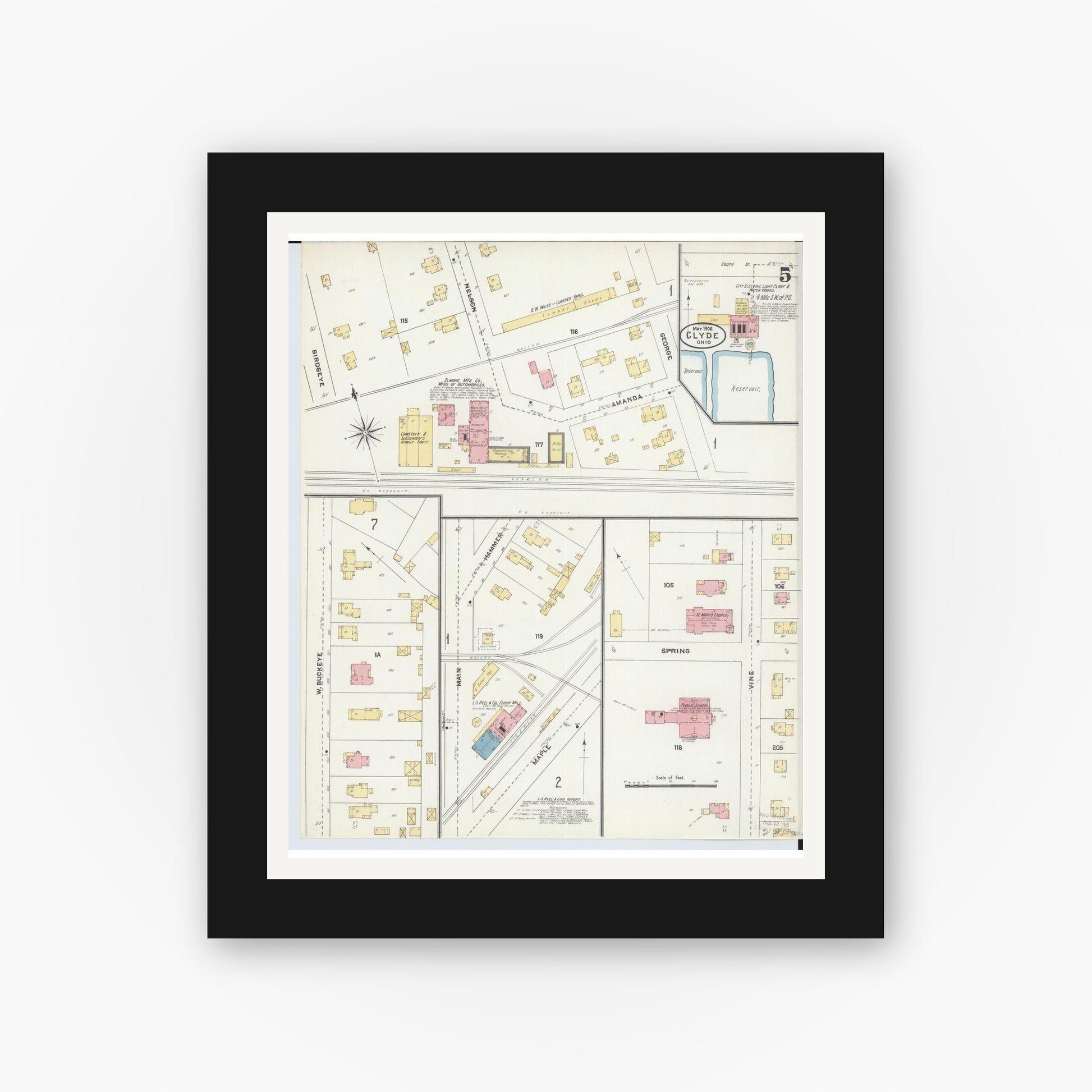 Old map wall art mockup — black gallery frame with white mat — Sanborn Fire Insurance Map from Clyde, Sandusky County, Ohio (1906), Sheet #0005